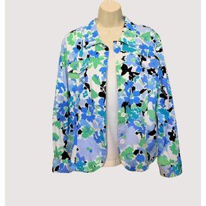 Erin Floral Print Jacket XL Blue Black Green White Long Sleeve Buttons Pockets